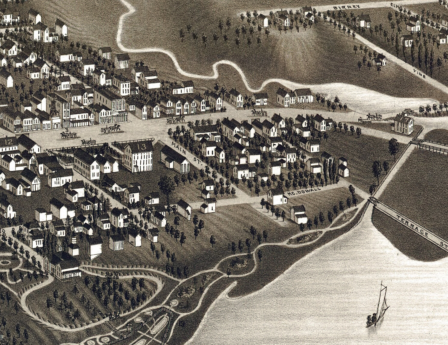 1884 Panoramic Map of Delavan Walworth County Wisconsin Delavan Lake