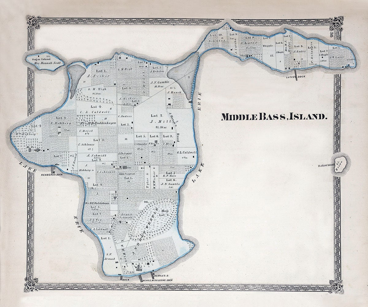 1874 Map of Middle Bass Island Ottawa County Ohio Lake Erie