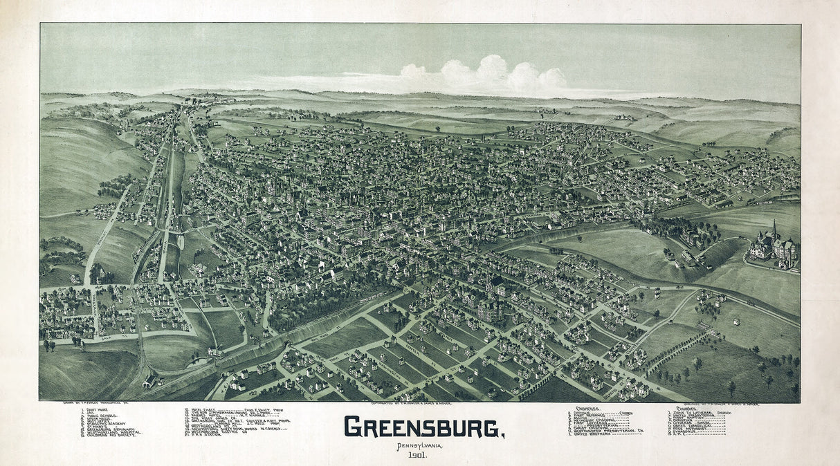 1901 Panoramic Map of Greensburg Pennsylvania
