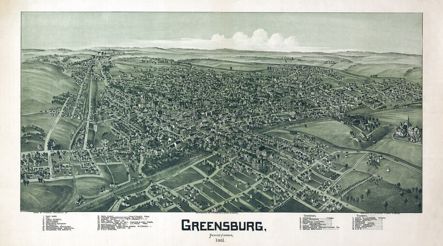 1901 Panoramic Map of Greensburg Pennsylvania