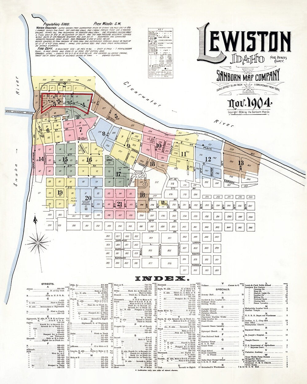1904 Town Map of Lewiston Nez Perce County Idaho