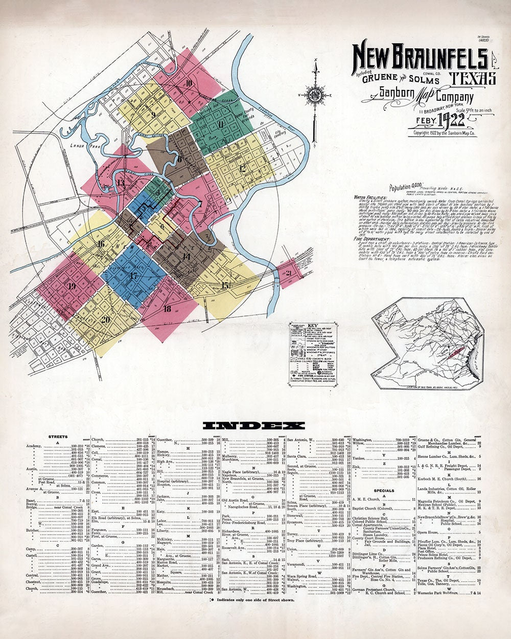 1922 Town Map of New Braunfels Comal County Texas