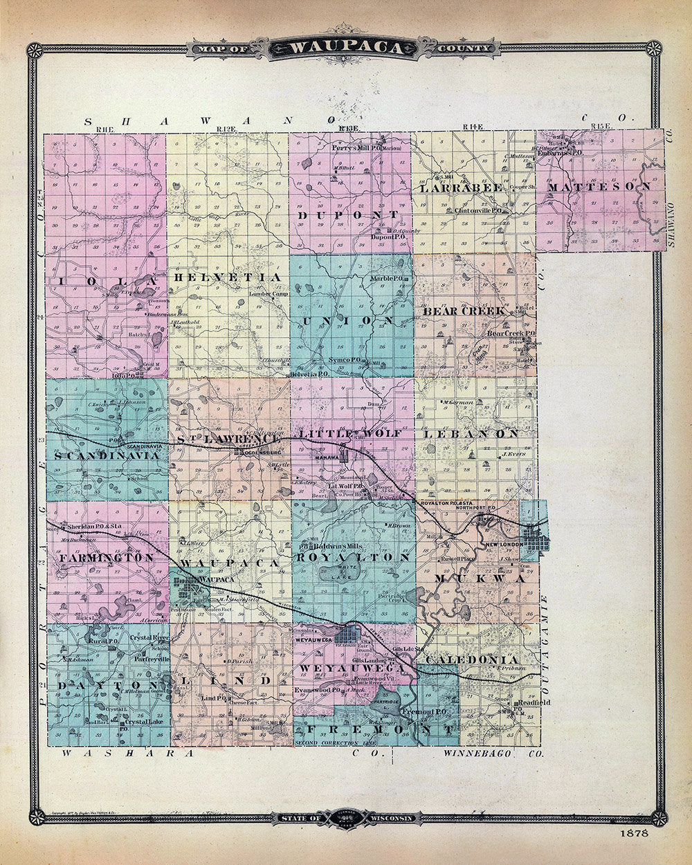 1878 Map of Waupaca County Wisconsin