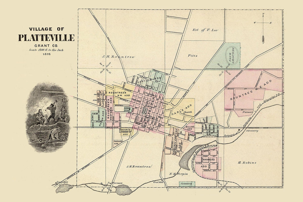 1878 Town Map of Platteville Grant County Wisconsin – Genealogical Surveyor