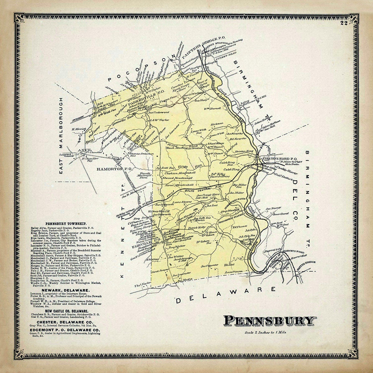 1873 Map of Pennsbury Township Chester County Pennsylvania