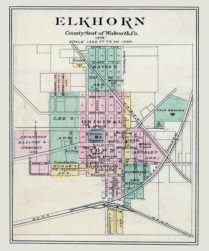 1878 Map of Elkhorn Walworth County Wisconsin