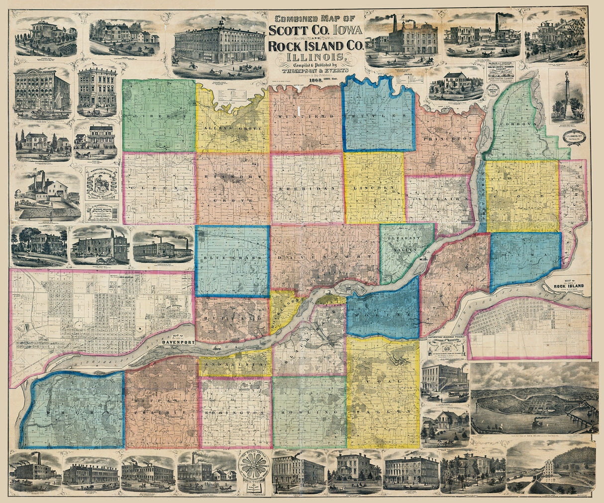 1859 Map of Scott County Iowa and Rock Island County Illinois
