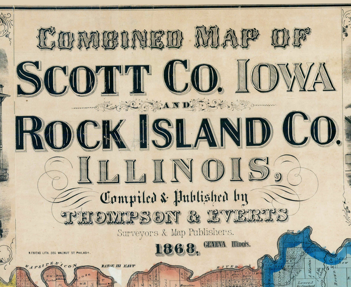 1859 Map of Scott County Iowa and Rock Island County Illinois
