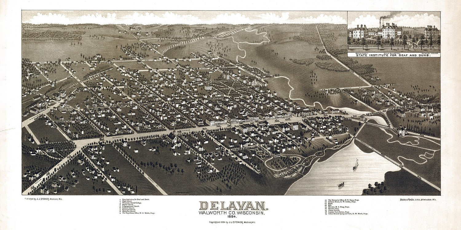 1884 Panoramic Map of Delavan Walworth County Wisconsin Delavan Lake