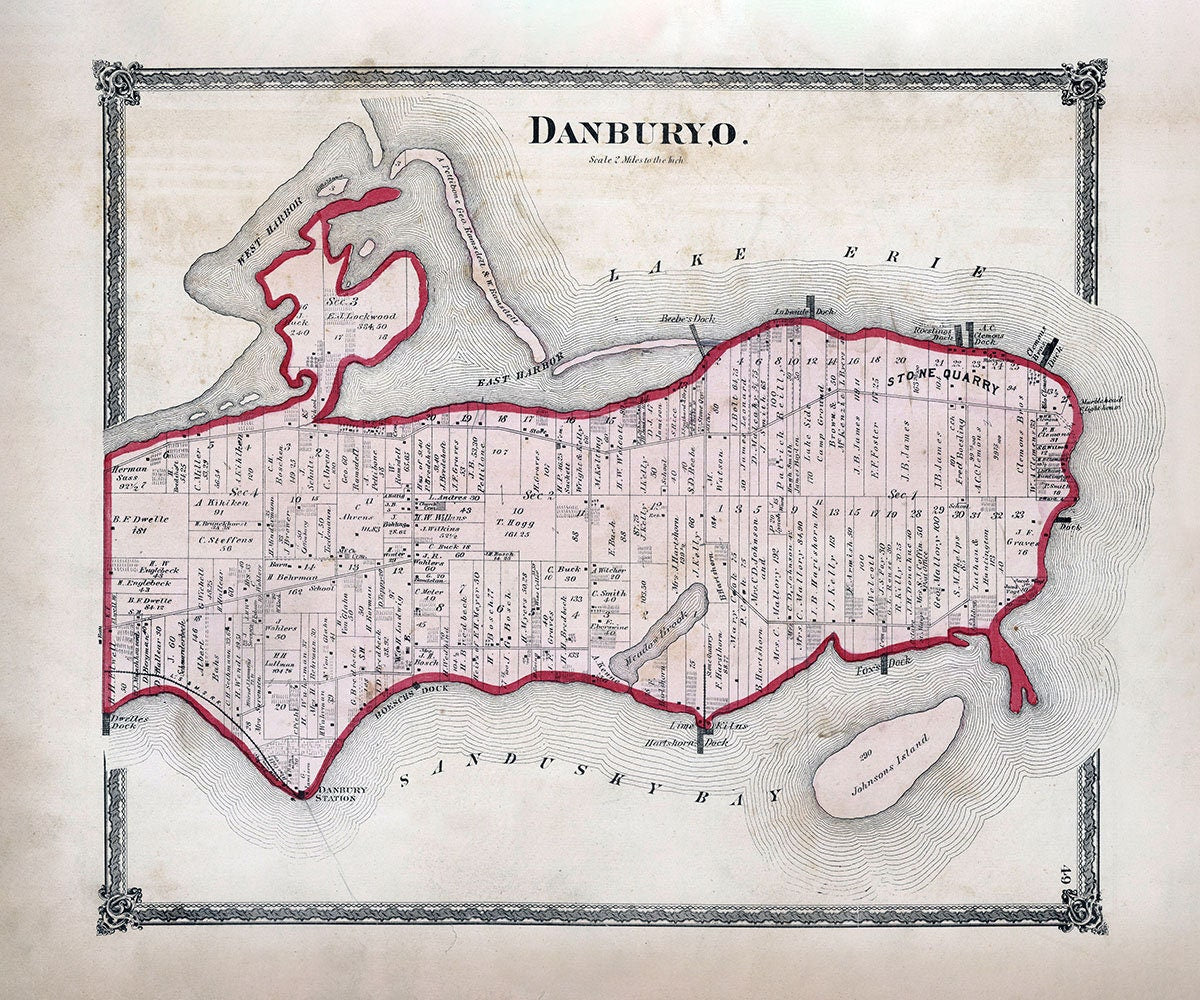 1874 Map of Danbury Township Ottawa County Ohio Sandusky Bay