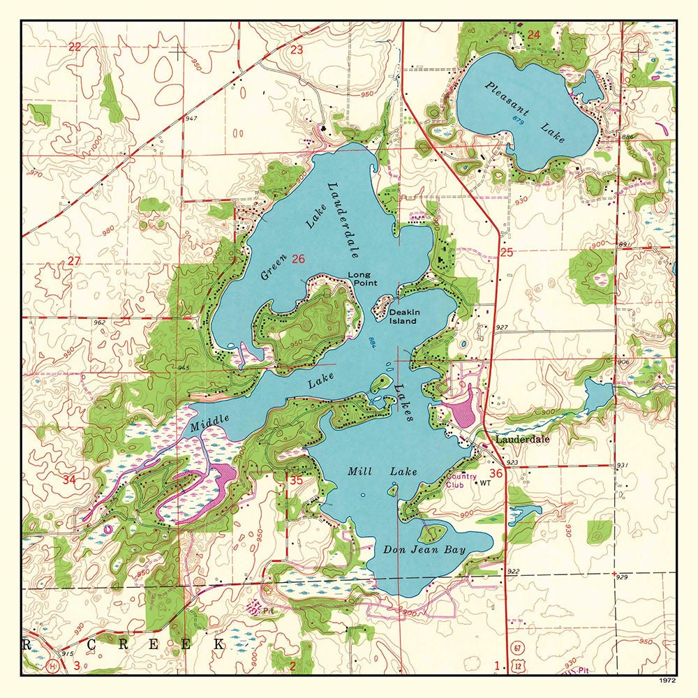 1972 Map of Lauderdale Lake Wisconsin