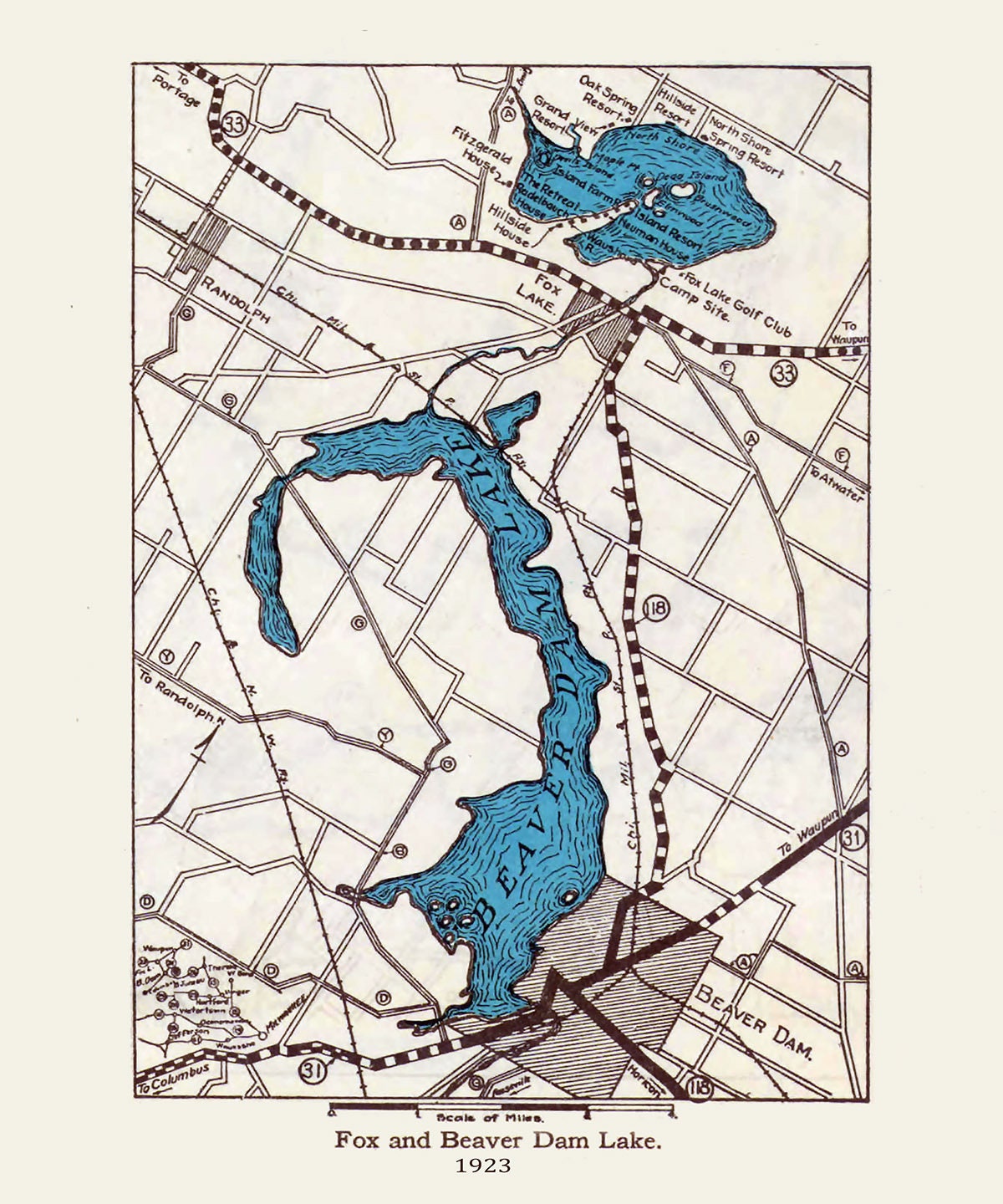1923 Map of Fox and Beaver Dam Lake Wisconsin