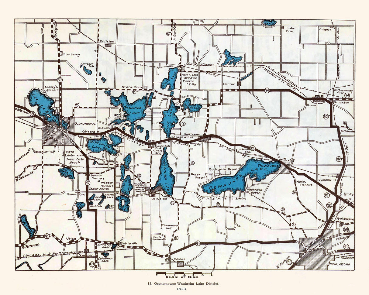 1923 Map of Oconomowoc Waukesha Lake District Wisconsin