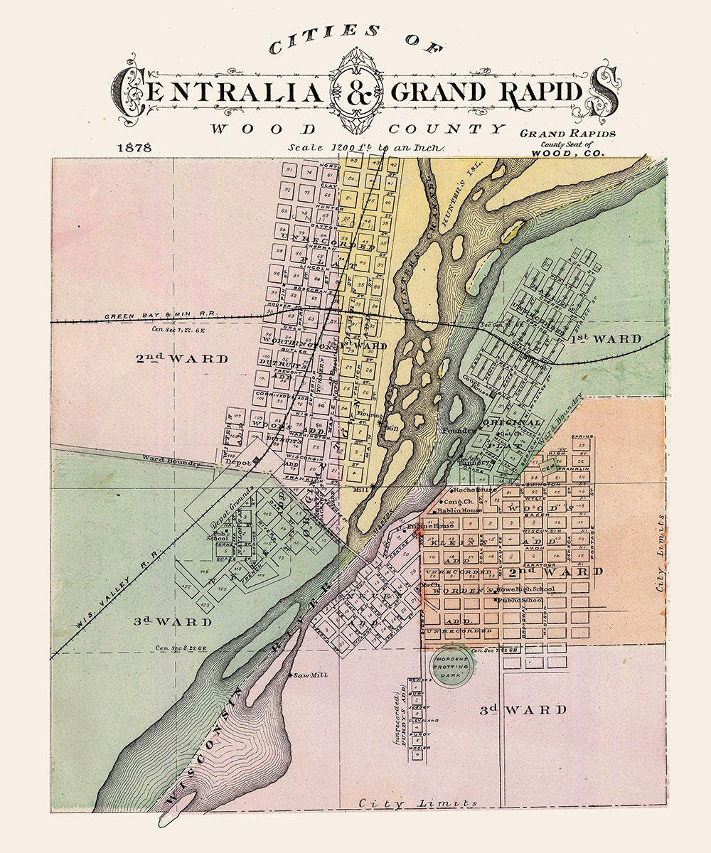 1878 Town Map of Centralia and Grand Rapids Wisconsin