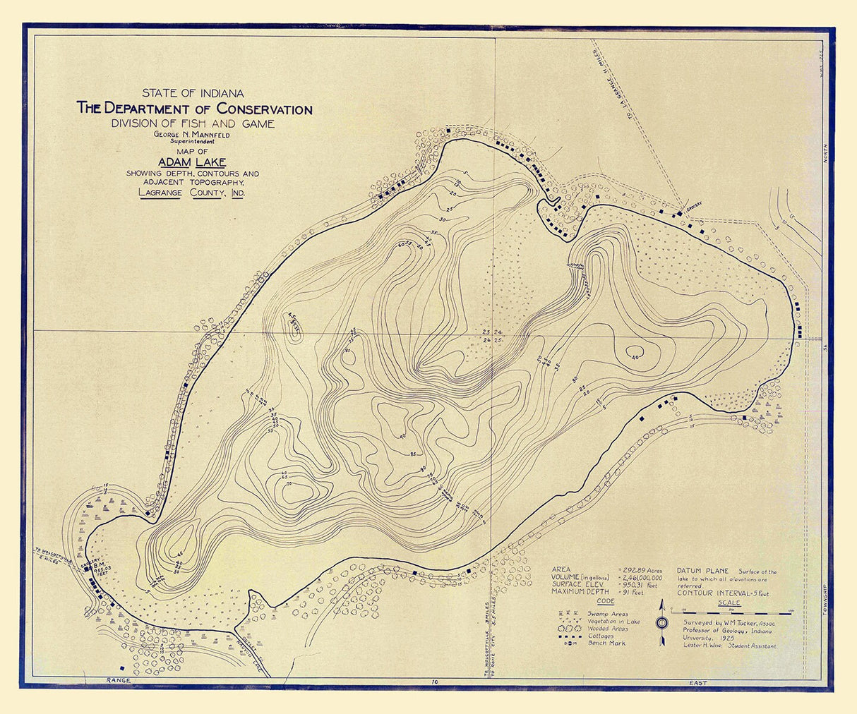 1925 Map of Adam Lake LaGrange County Indiana