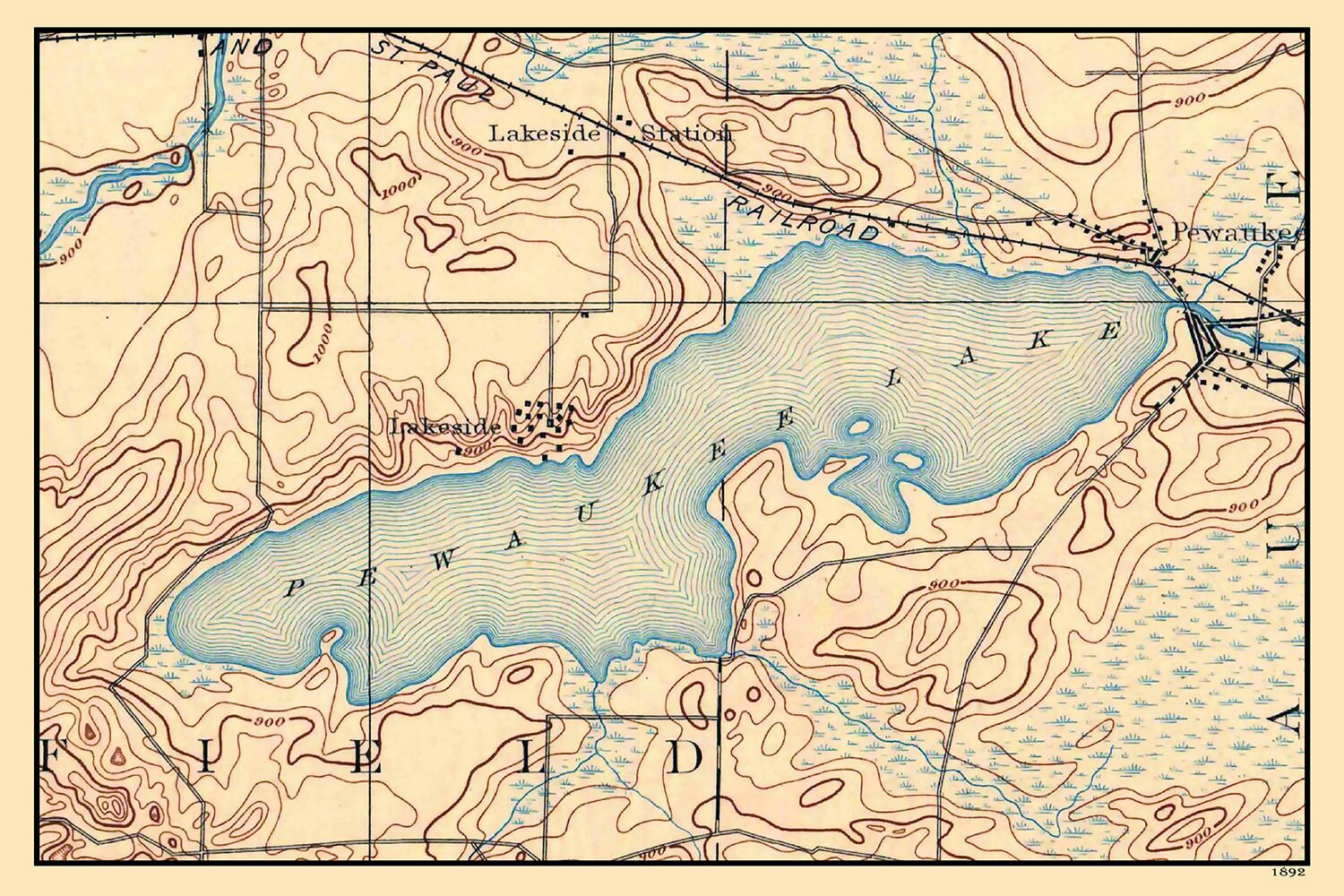 1892 Map of Pewaukee Lake Wisconsin