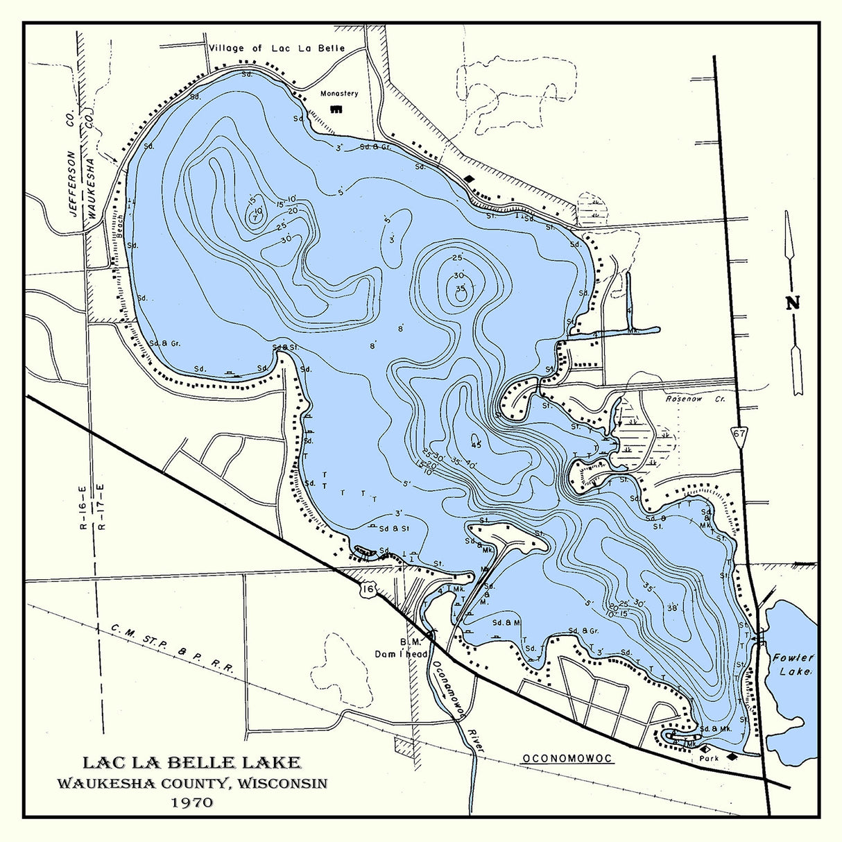 1970 Map of Lac La Belle Lake Waukesha County Wisconsin