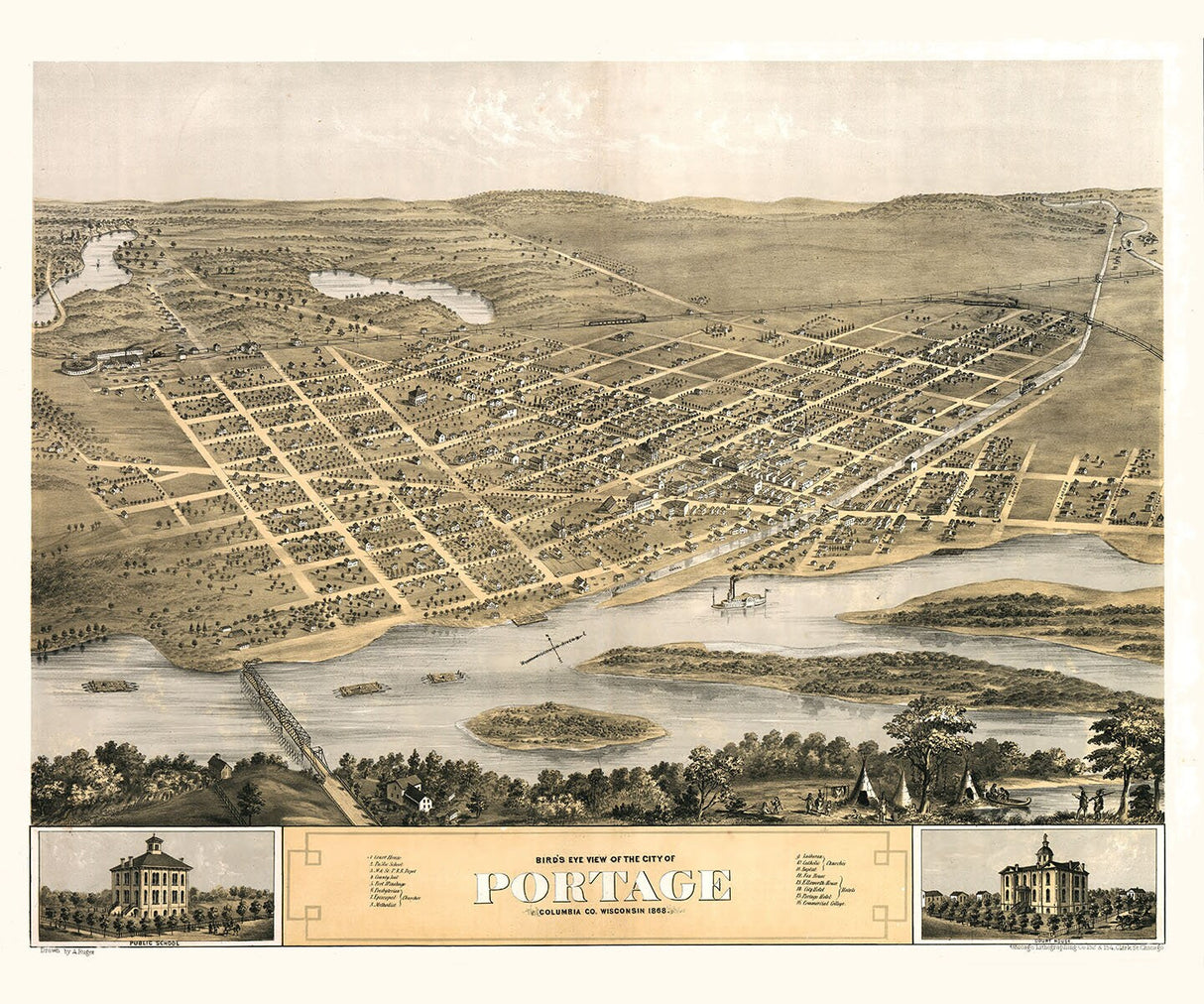 1868 Panoramic Map of Portage Columbia County Wisconsin