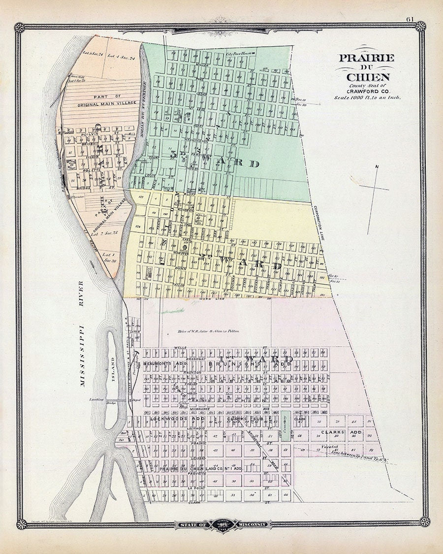 1878 Town Map of Prairie du Chien Crawford County Wisconsin