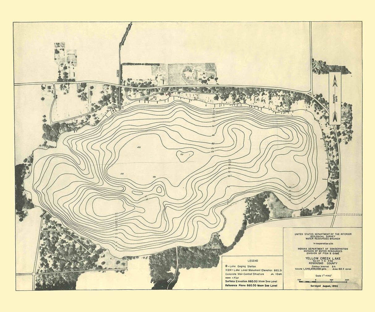1954 Map of Yellow Creek Lake Kosciusko County Indiana