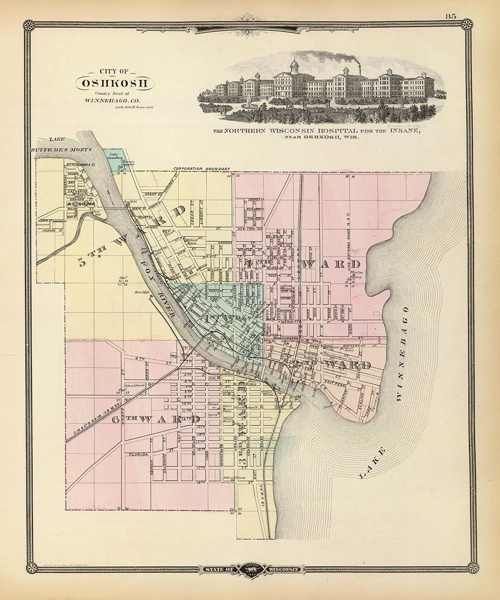 1878 Town Map of Oshkosh Winnebago County Wisconsin
