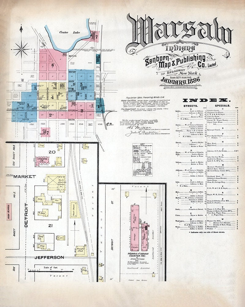 1886 Town Map of Warsaw Kosciusko County Indiana