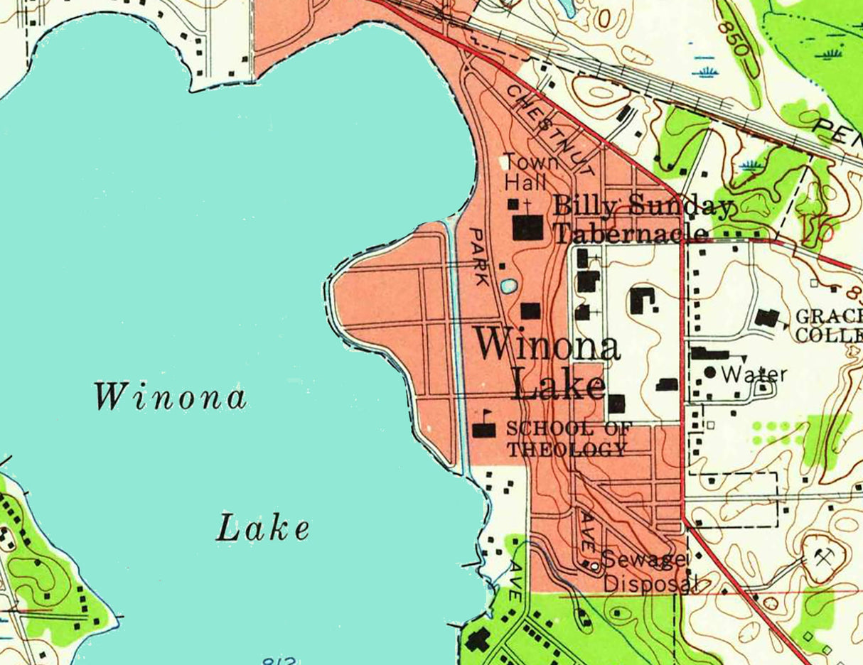 1959 Map of Warsaw Indiana Winona Lake
