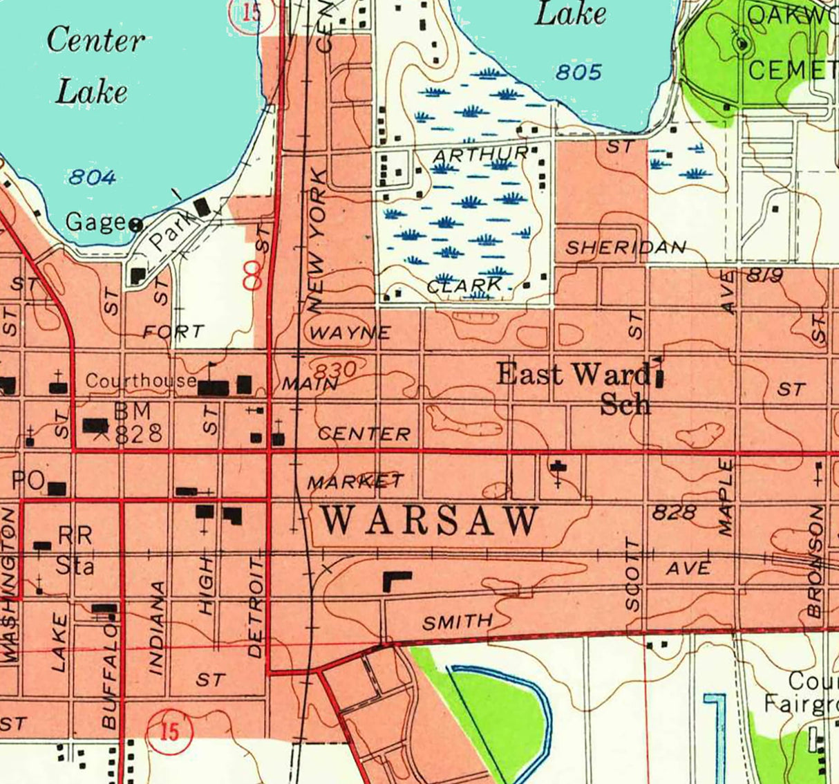 1959 Map of Warsaw Indiana Winona Lake