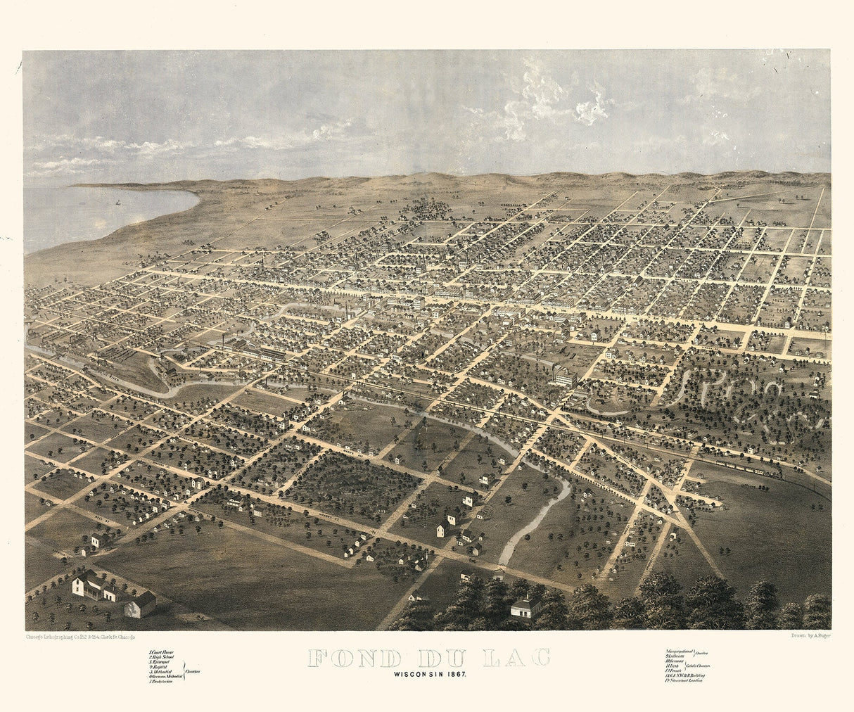 1867 Panoramic Map of Fond du Lac Wisconsin