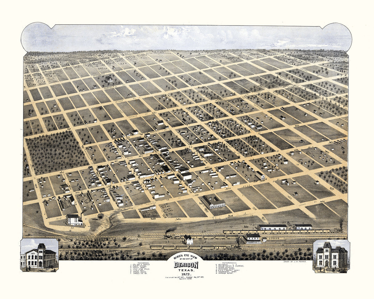 1873 Panoramic Map of Denison Grayson County Texas
