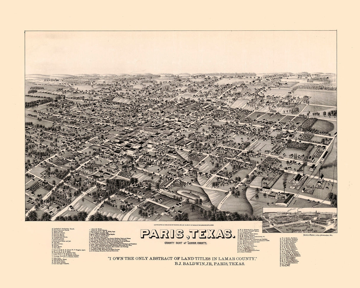 1885 Panoramic Map of Paris Lamar County Texas