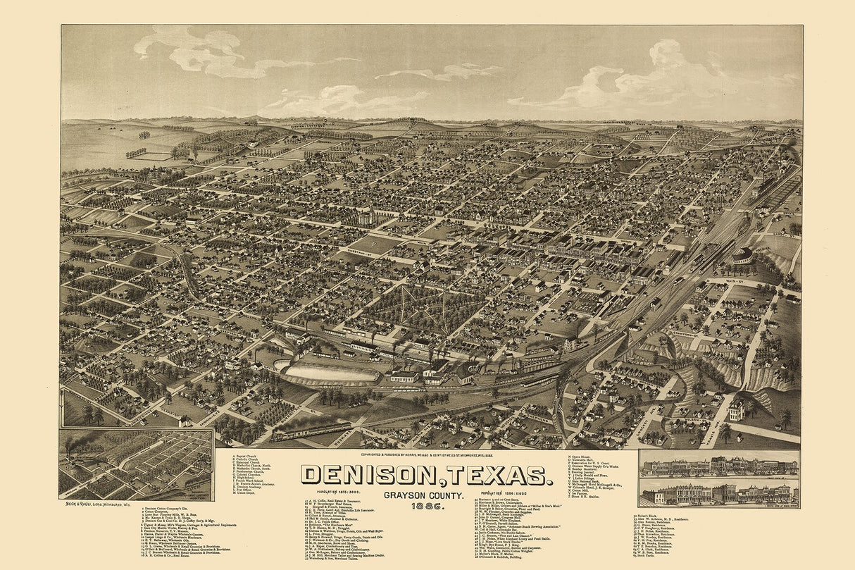 1886 Panoramic Map of Denison Grayson County Texas