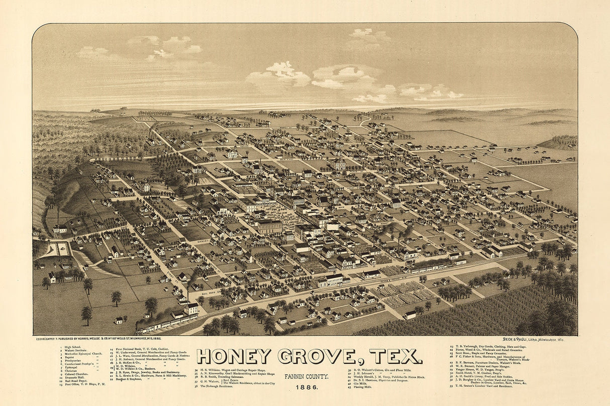1886 Panoramic Map of Honey Grove Fannin County Texas
