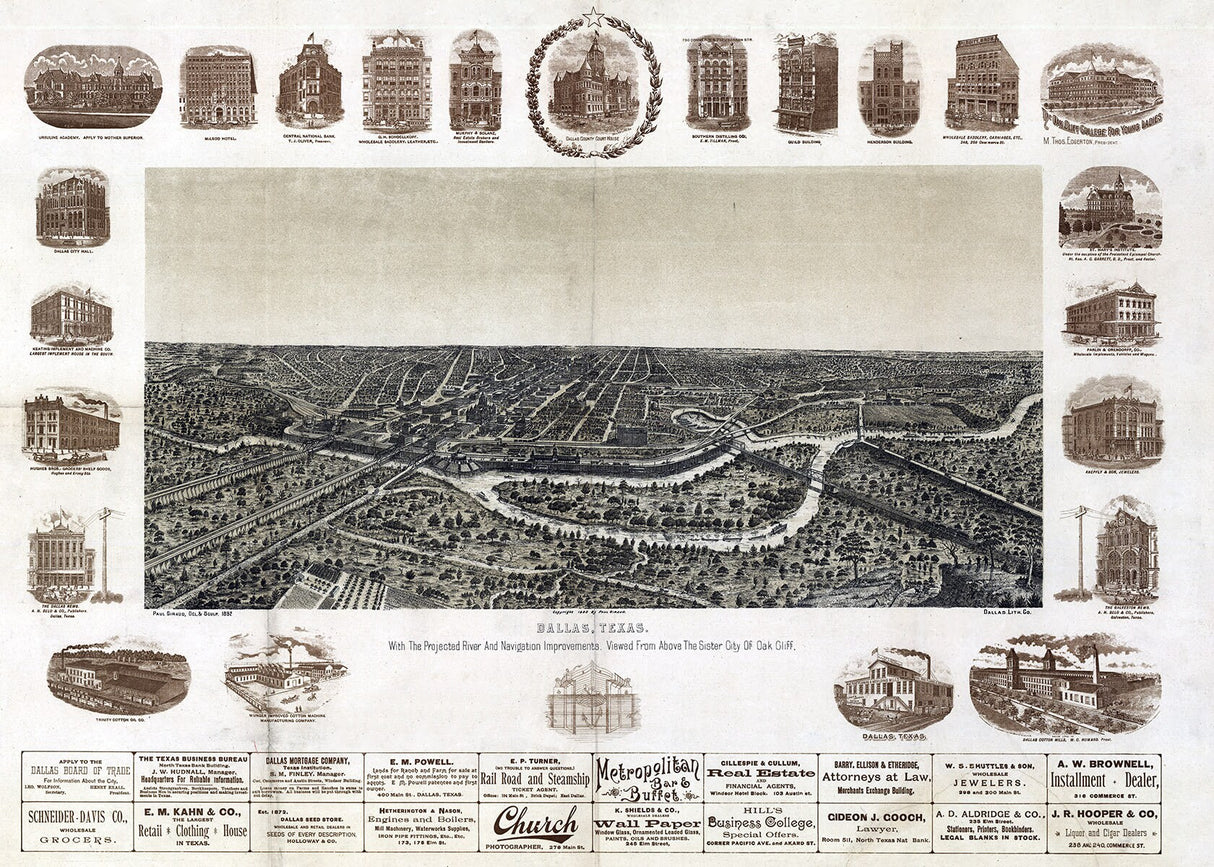 1892 Panoramic Map of Dallas Texas
