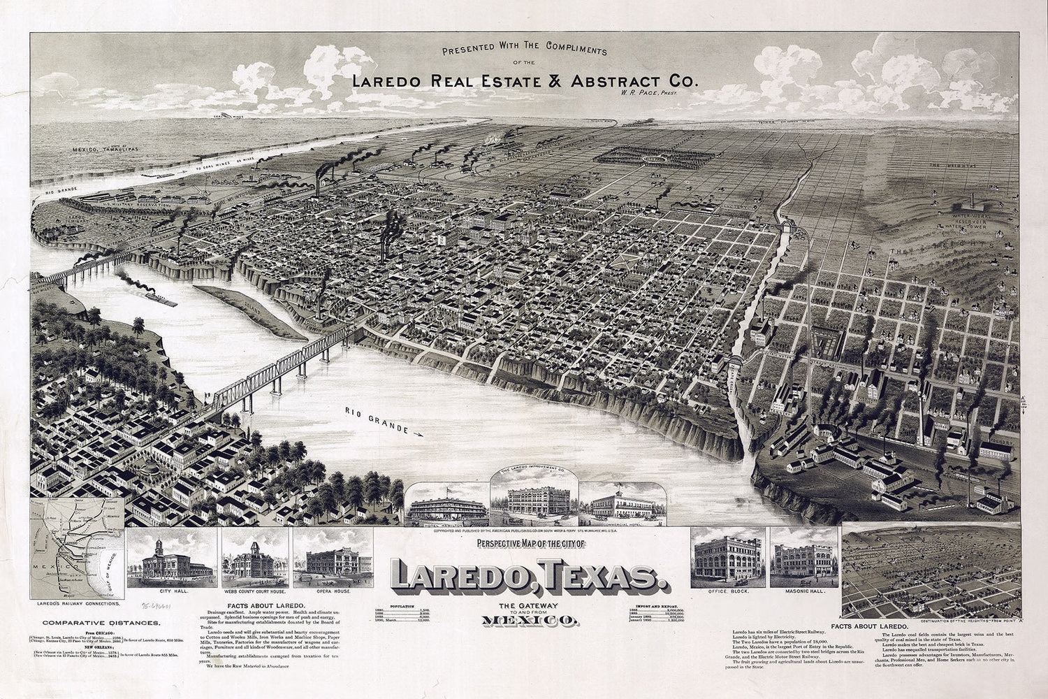1892 Panoramic Map of Laredo Texas