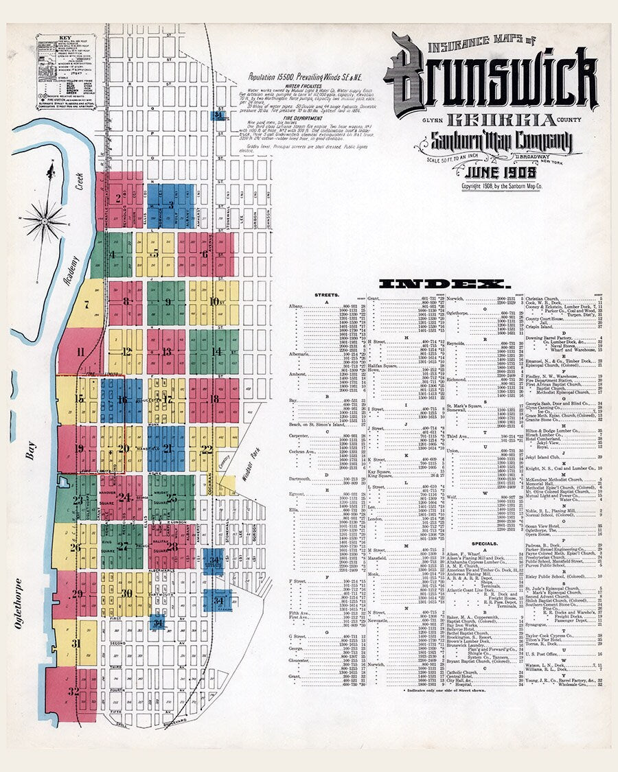 1908 Town Map of Brunswick Glynn County Georgia