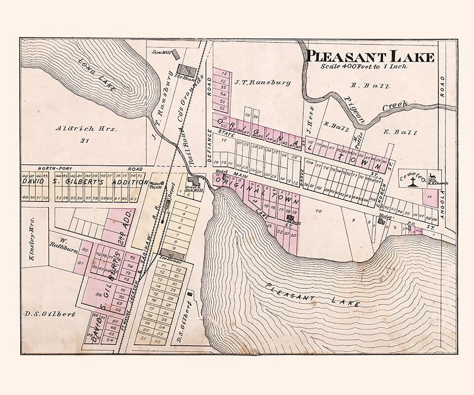 1880 Town Map of Pleasant Lake Steuben County Indiana