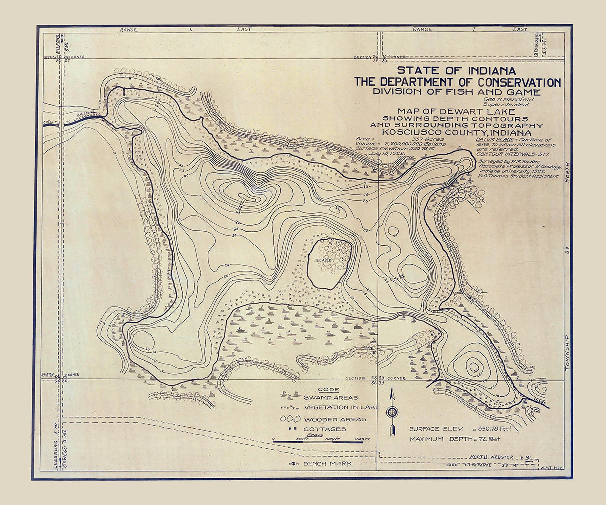1922 Map of Dewart Lake Kosciusko County Indiana