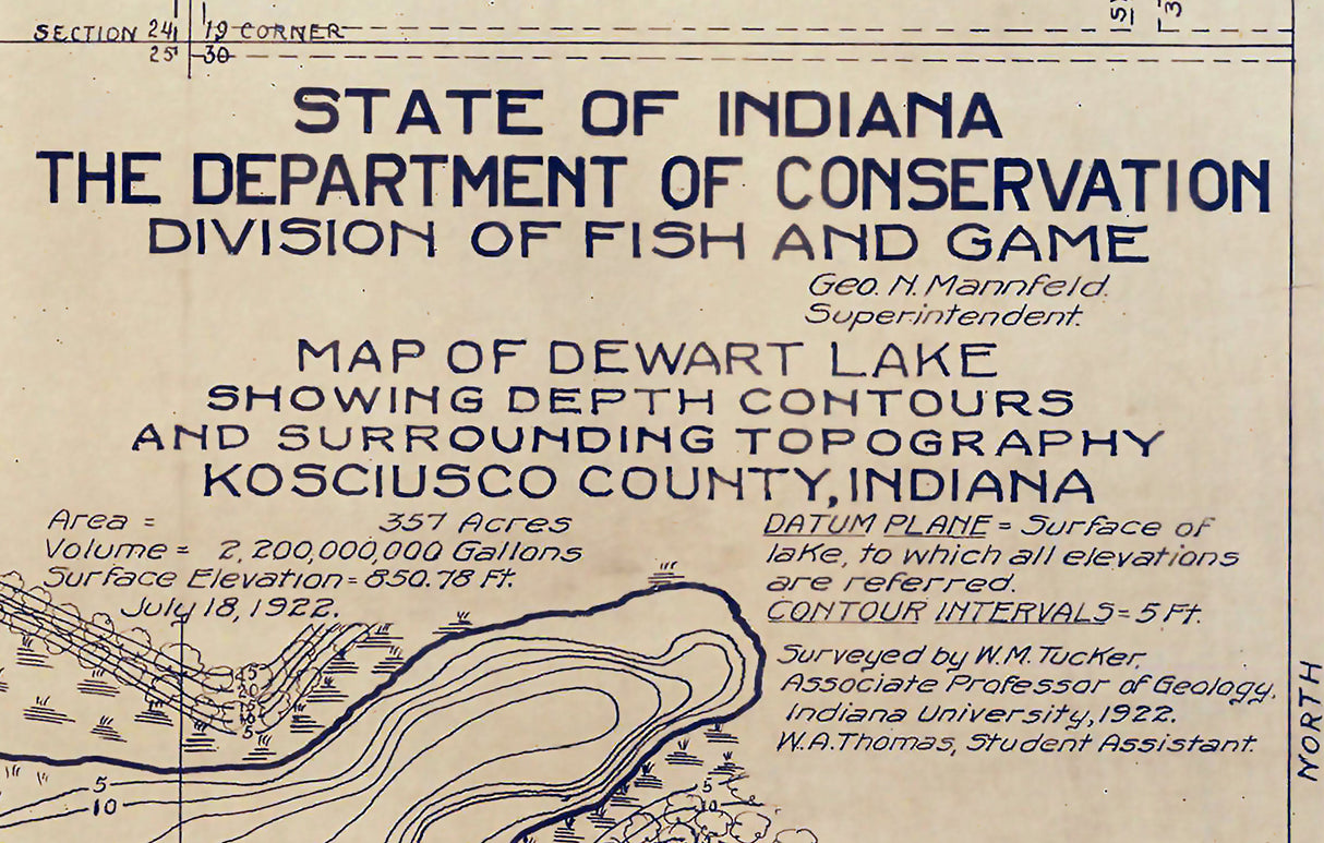 1922 Map of Dewart Lake Kosciusko County Indiana