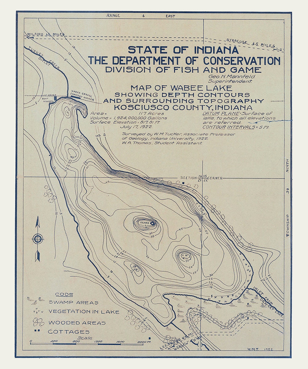 1922 Map of Wabee Lake Kosciusko County Indiana