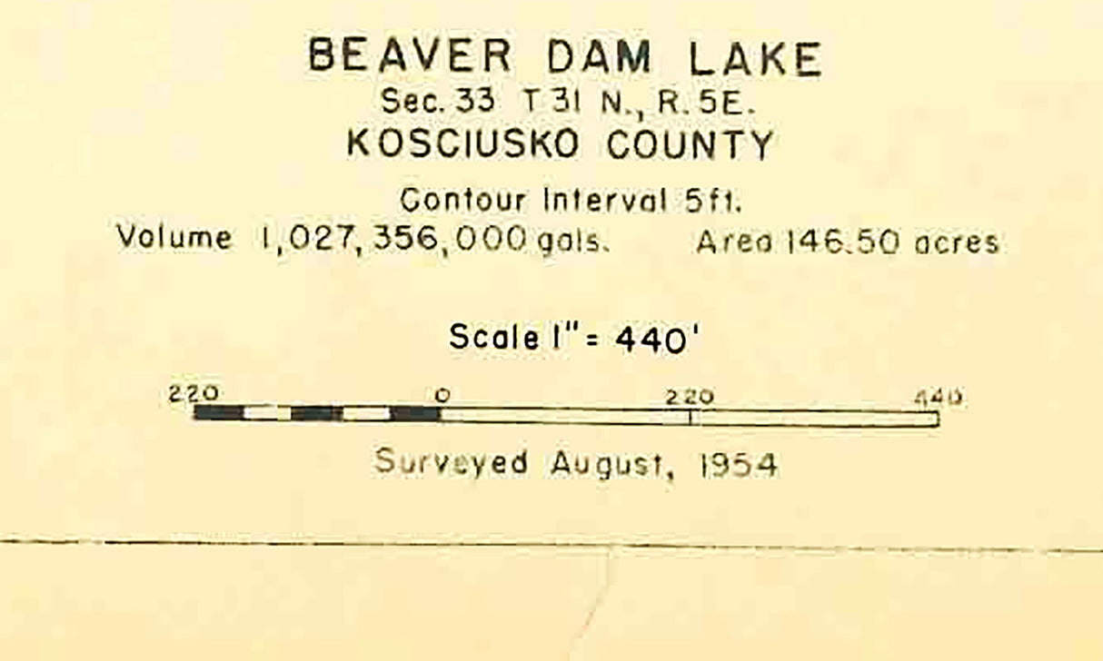 1954 Map of Beaver Dam Lake Kosciusko County Indiana