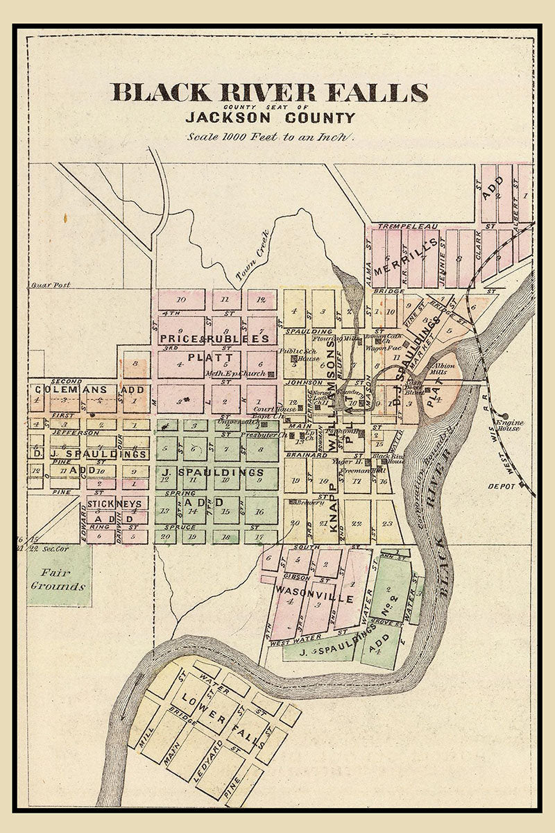 1878 Town Map of Black River Falls Jackson County Wisconsin
