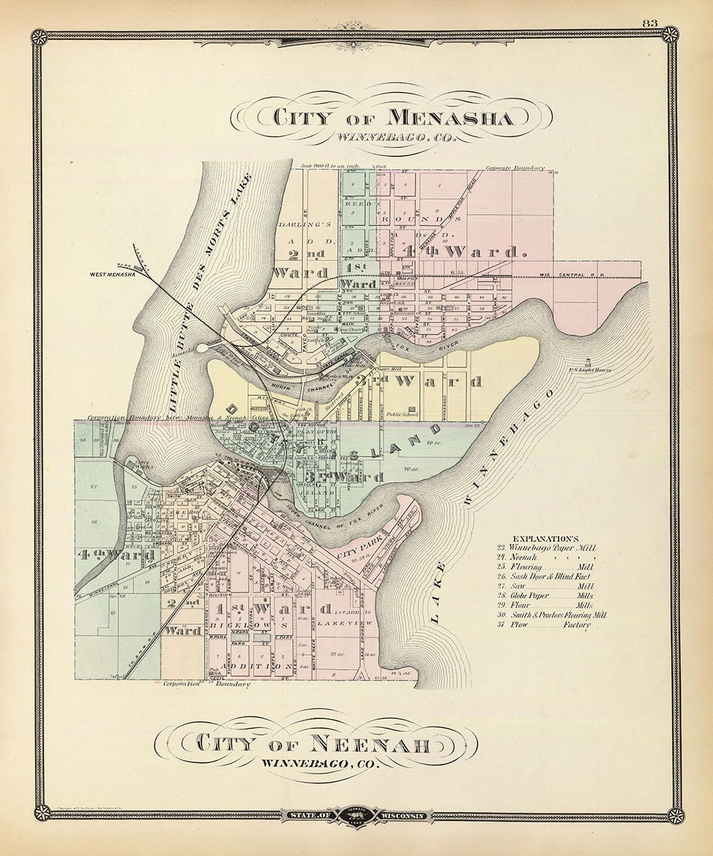 1878 Town Map of Menasha and Neenah Winnebago County Wisconsin