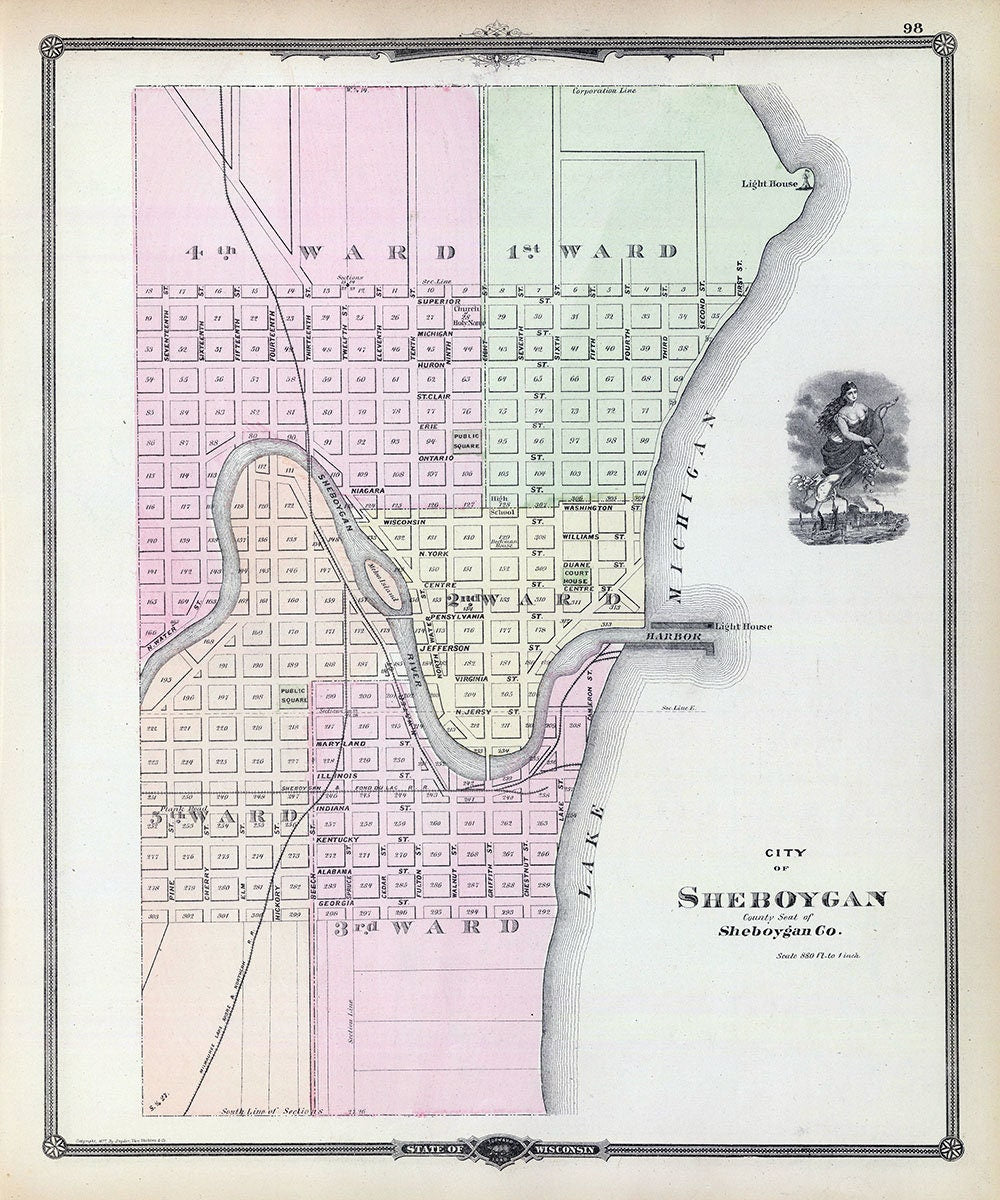 1878 Town Map of Sheboygan Wisconsin