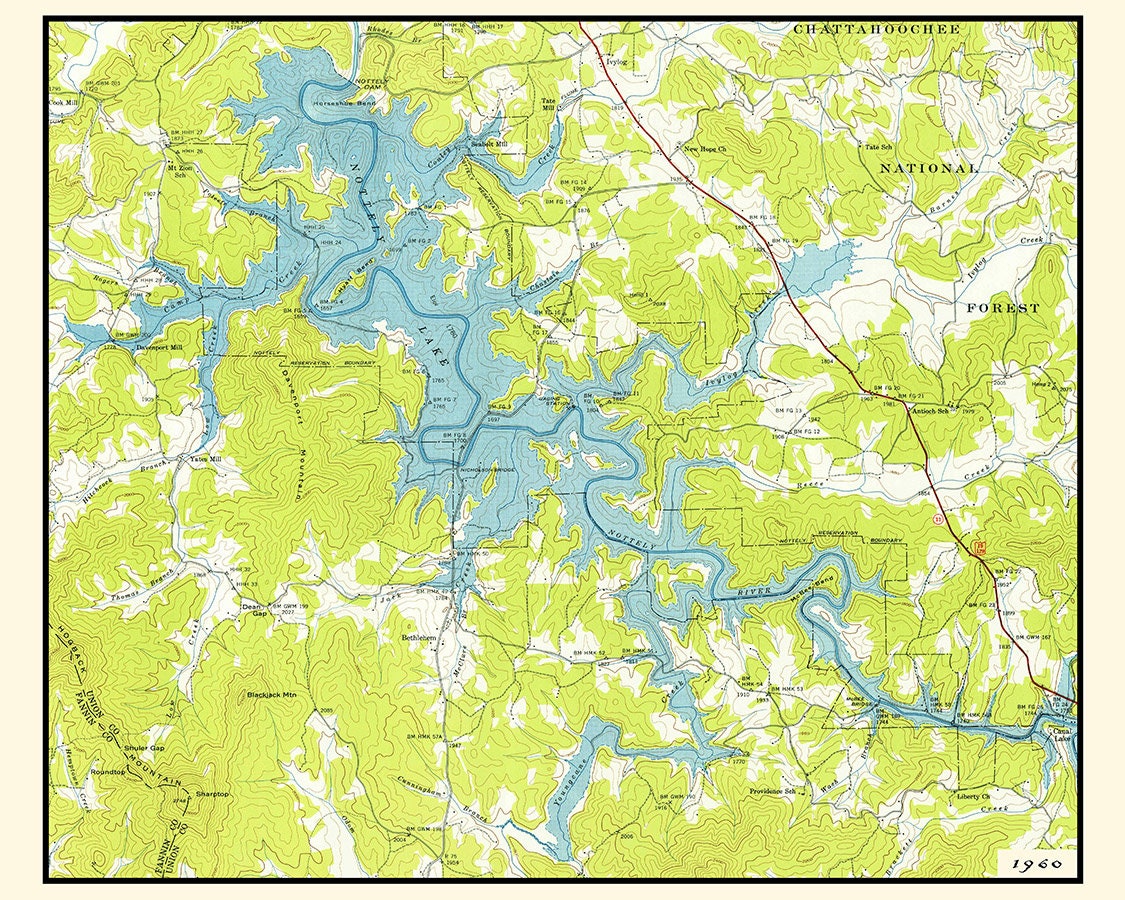 1960 Map of Nottely Lake Georgia