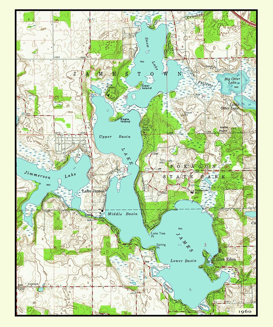 1960 Map of Lake James Steuben County Indiana