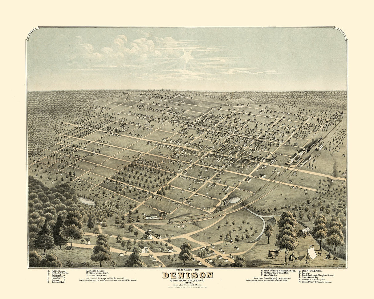 1876 Panoramic Map of Denison Grayson County Texas