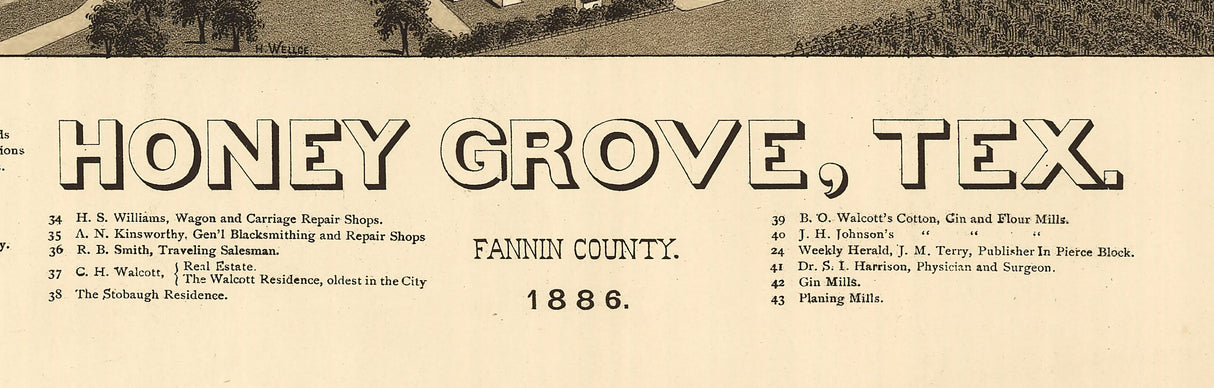 1886 Panoramic Map of Honey Grove Fannin County Texas