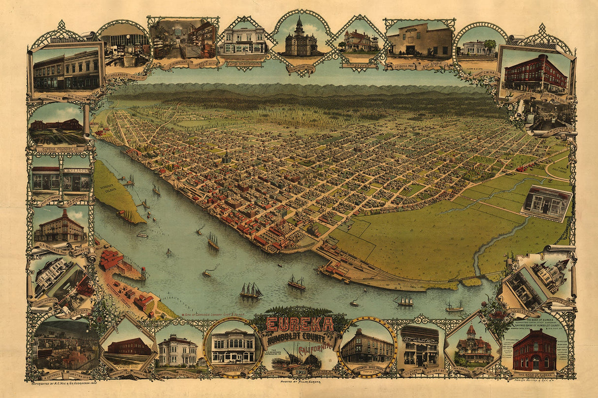 1902 Panoramic Map of Eureka Humboldt County California