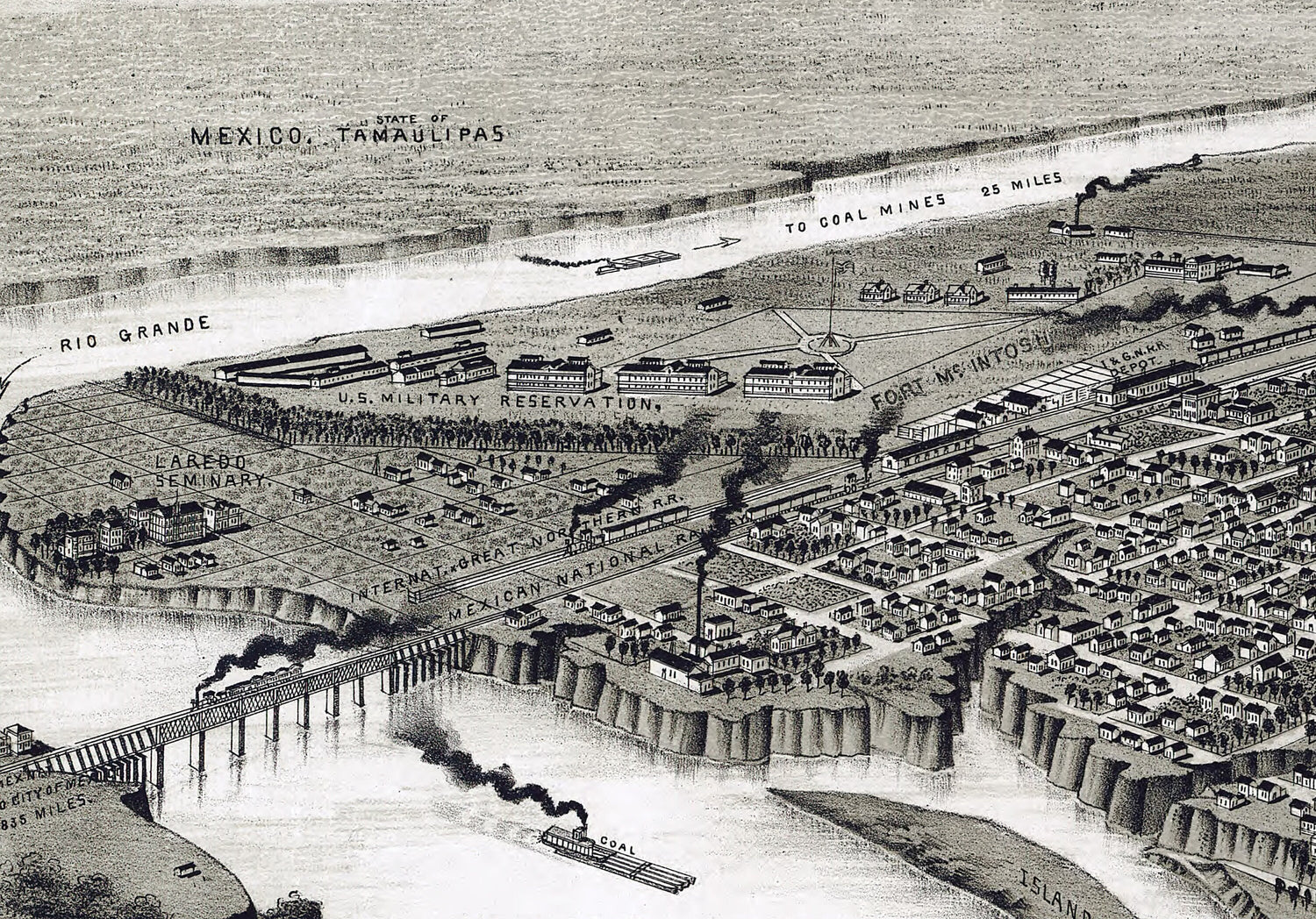 1892 Panoramic Map of Laredo Texas